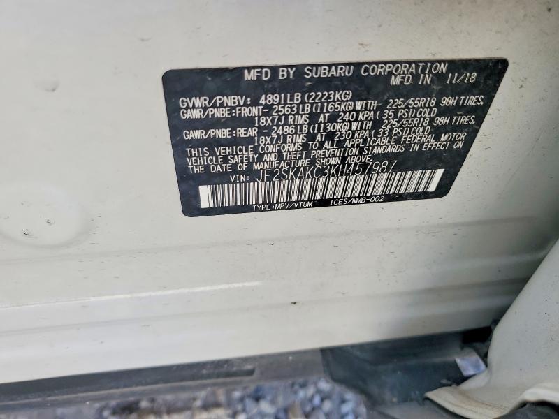2019 Subaru Forester მანქანა იყიდება აუქციონზე, vin: JF2SKAKC3KH457987, აუქციონის ნომერი: 49145296