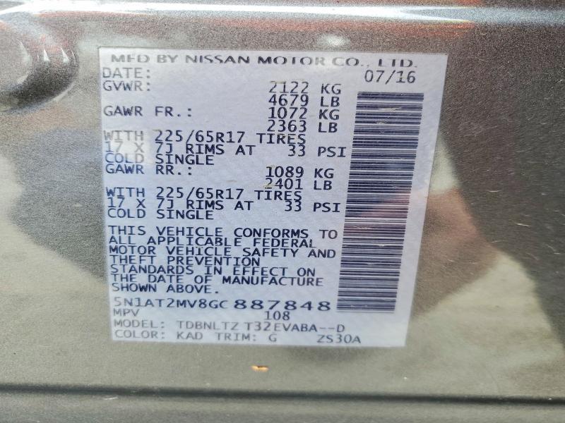 49786286 :رقم المزاد ، 5N1AT2MV8GC887848 vin ، 2016 Nissan Rogue مزاد بيع