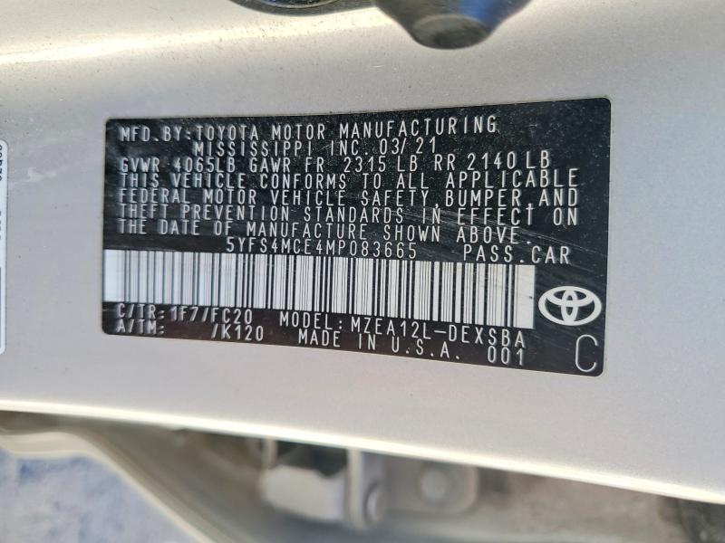 2021 Toyota Corolla მანქანა იყიდება აუქციონზე, vin: 5YFS4MCE4MP083665, აუქციონის ნომერი: 49933416