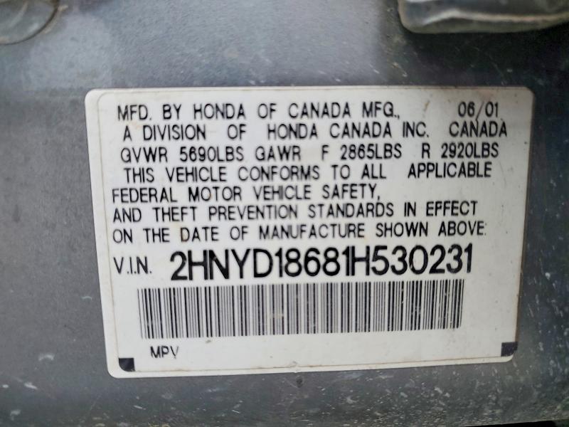 50756886 :رقم المزاد ، 2HNYD18681H530231 vin ، 2001 Acura Mdx مزاد بيع