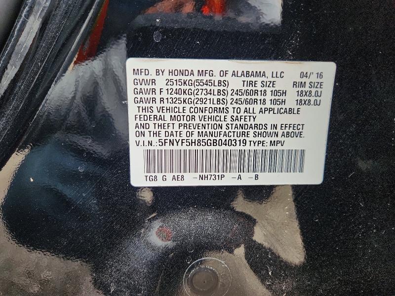 Aukcja sprzedaży 2016 Honda Pilot, vin: 5FNYF5H85GB040319, numer aukcji: 52023686