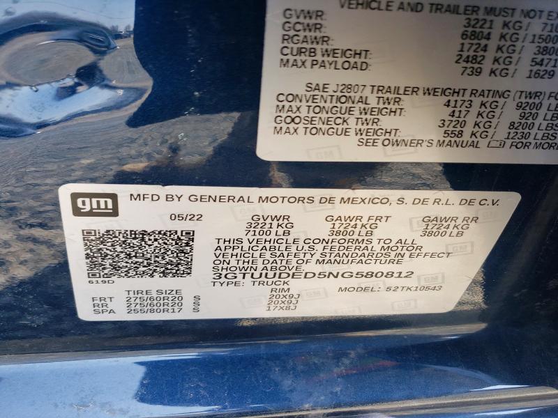Продажа на аукционе авто 2022 Gmc Sierra, vin: 3GTUUDED5NG580812, номер лота: 49463266