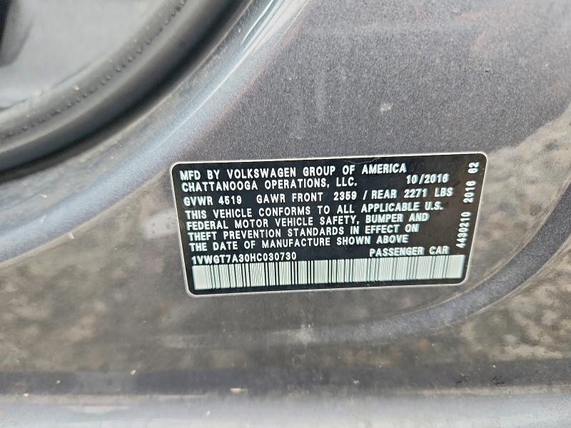 Aukcja sprzedaży 2017 Volkswagen Passat, vin: 1VWGT7A30HC030730, numer aukcji: 48252466