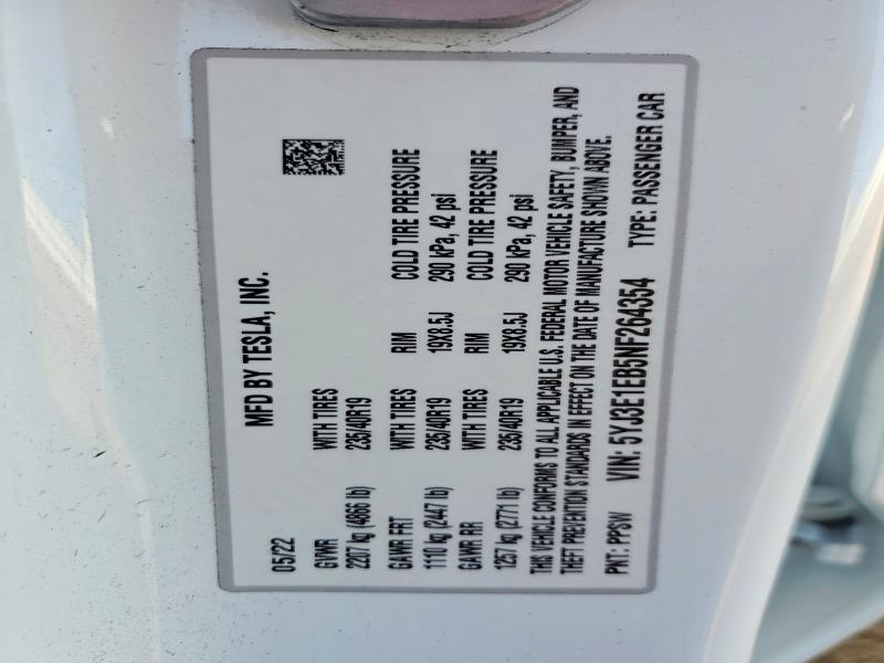 2022 Tesla Model 3 მანქანა იყიდება აუქციონზე, vin: 5YJ3E1EB5NF264354, აუქციონის ნომერი: 50504956