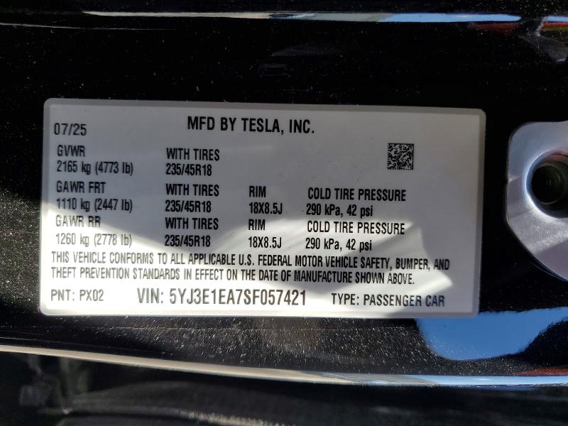 50237096 :رقم المزاد ، 5YJ3E1EA7SF057421 vin ، 2025 Tesla Model 3 مزاد بيع