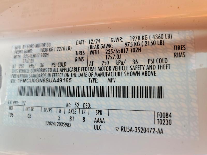 2025 Ford Escape მანქანა იყიდება აუქციონზე, vin: 1FMCU0GN8SUA49165, აუქციონის ნომერი: 52168956