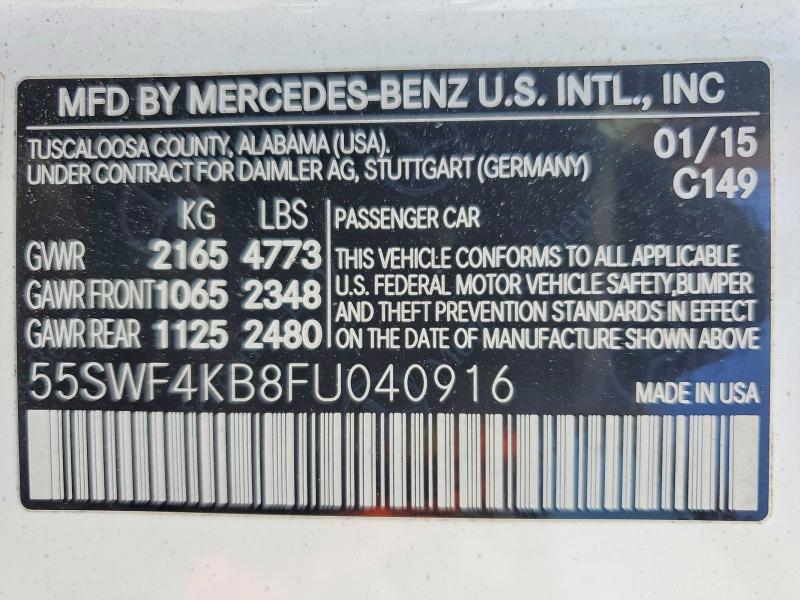50284766 :رقم المزاد ، 55SWF4KB8FU040916 vin ، 2015 Mercedes-benz C مزاد بيع