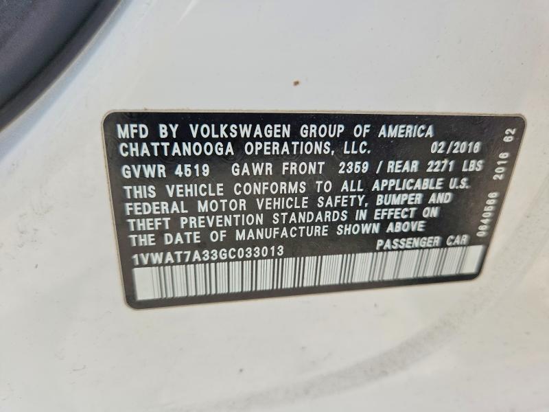 2016 Volkswagen Passat მანქანა იყიდება აუქციონზე, vin: 1VWAT7A33GC033013, აუქციონის ნომერი: 49533736