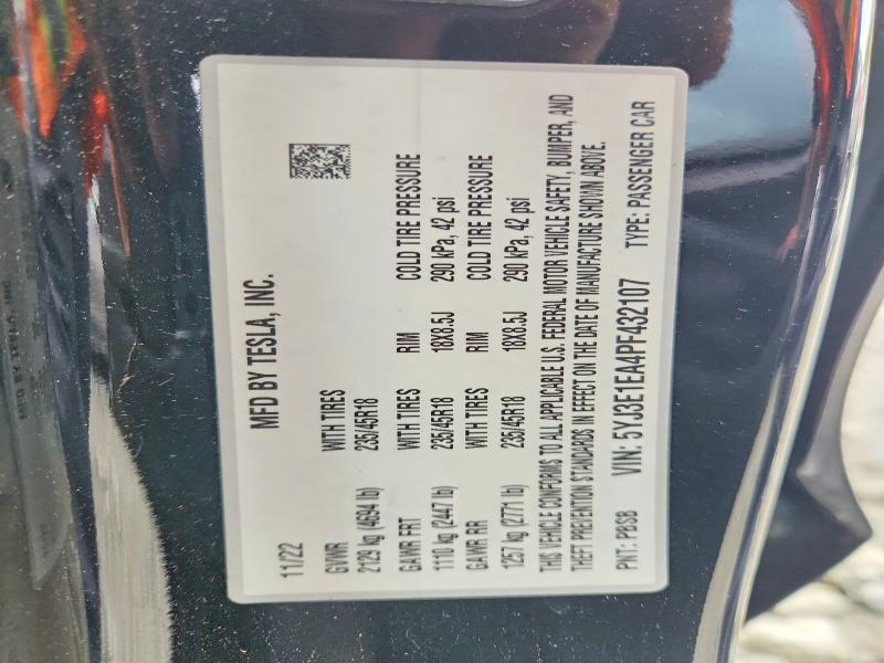 2023 Tesla Model 3 მანქანა იყიდება აუქციონზე, vin: 5YJ3E1EA4PF432107, აუქციონის ნომერი: 51755946