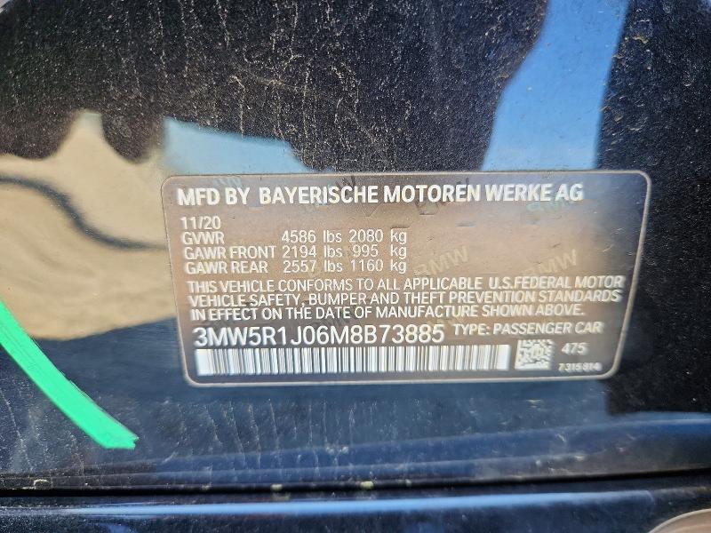 49463656 :رقم المزاد ، 3MW5R1J06M8B73885 vin ، 2021 Bmw 330i مزاد بيع
