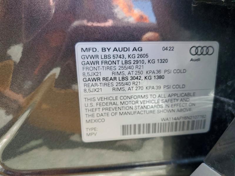 51675666 :رقم المزاد ، WA114AFY6N2107782 vin ، 2022 Audi Sq5 مزاد بيع