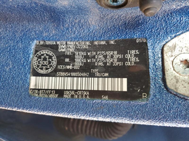 2008 Toyota Tundra მანქანა იყიდება აუქციონზე, vin: 5TBBV54188S504842, აუქციონის ნომერი: 51261696
