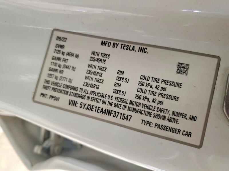 Auction sale of the 2022 Tesla Model 3, vin: 5YJ3E1EA4NF371547, lot number: 51206546