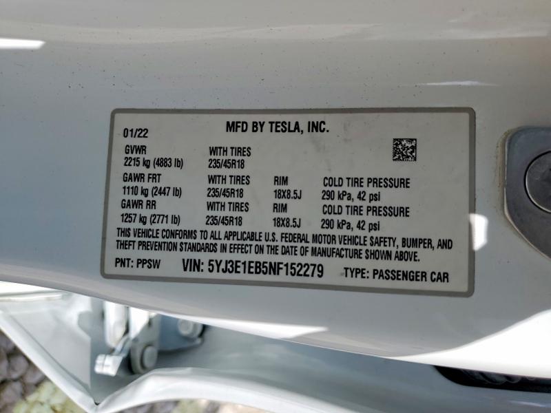 2022 Tesla Model 3 მანქანა იყიდება აუქციონზე, vin: 5YJ3E1EB5NF152279, აუქციონის ნომერი: 48866836