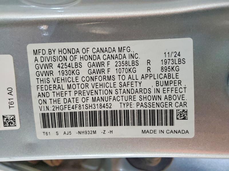 2025 Honda Civic მანქანა იყიდება აუქციონზე, vin: 2HGFE4F81SH318452, აუქციონის ნომერი: 50357016