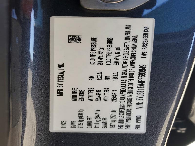 2023 Tesla Model 3 მანქანა იყიდება აუქციონზე, vin: 5YJ3E1EA4PF690949, აუქციონის ნომერი: 49075496