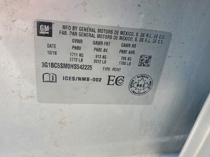 2017 Chevrolet Cruze მანქანა იყიდება აუქციონზე, vin: 3G1BC5SM0HS542225, აუქციონის ნომერი: 50418856