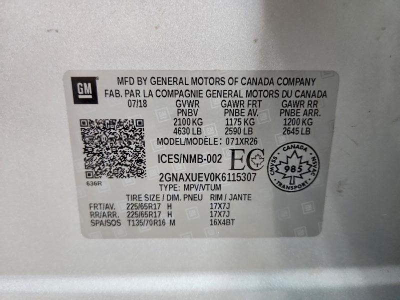 51065086 :رقم المزاد ، 2GNAXUEV0K6115307 vin ، 2019 Chevrolet Equinox مزاد بيع