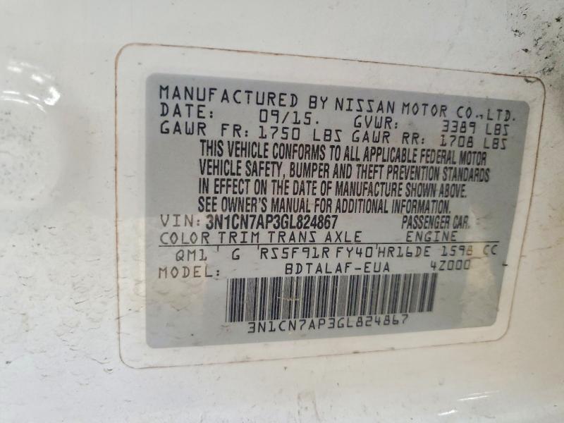 2016 Nissan Versa მანქანა იყიდება აუქციონზე, vin: 3N1CN7AP3GL824867, აუქციონის ნომერი: 51178626