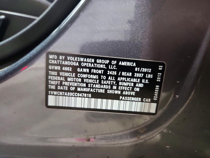 Продаж на аукціоні авто 2012 Volkswagen Passat, vin: 1VWCN7A33CC047815, номер лоту: 51259936