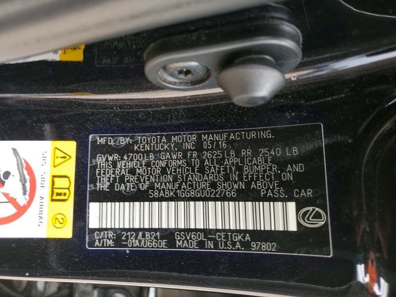 Aukcja sprzedaży 2016 Lexus Es 350, vin: 58ABK1GG8GU022766, numer aukcji: 50341476