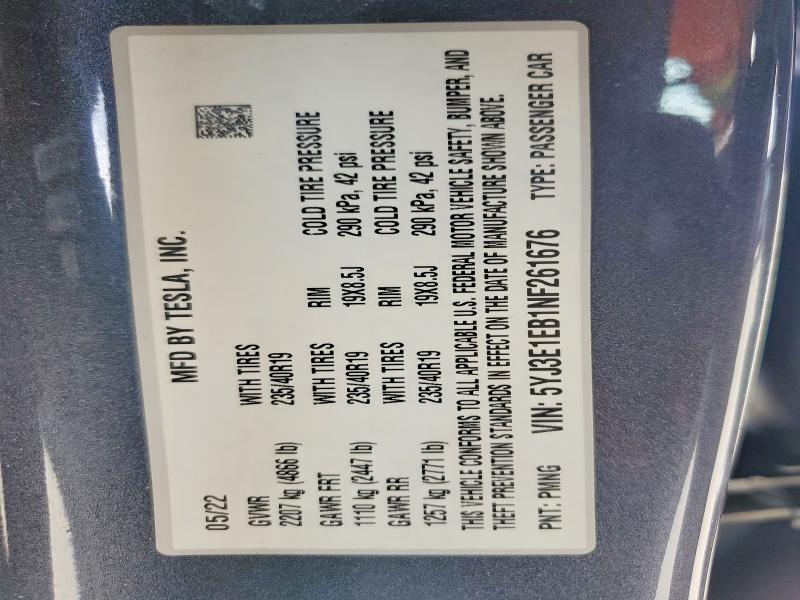 48779716 :رقم المزاد ، 5YJ3E1EB1NF261676 vin ، 2022 Tesla Model 3 مزاد بيع