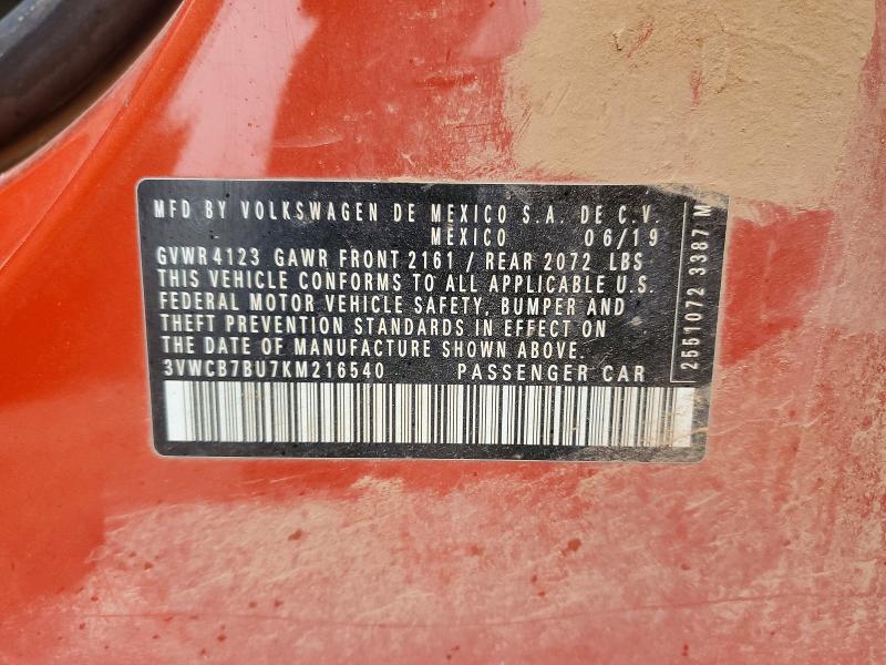 2019 Volkswagen Jetta მანქანა იყიდება აუქციონზე, vin: 3VWCB7BU7KM216540, აუქციონის ნომერი: 48187856