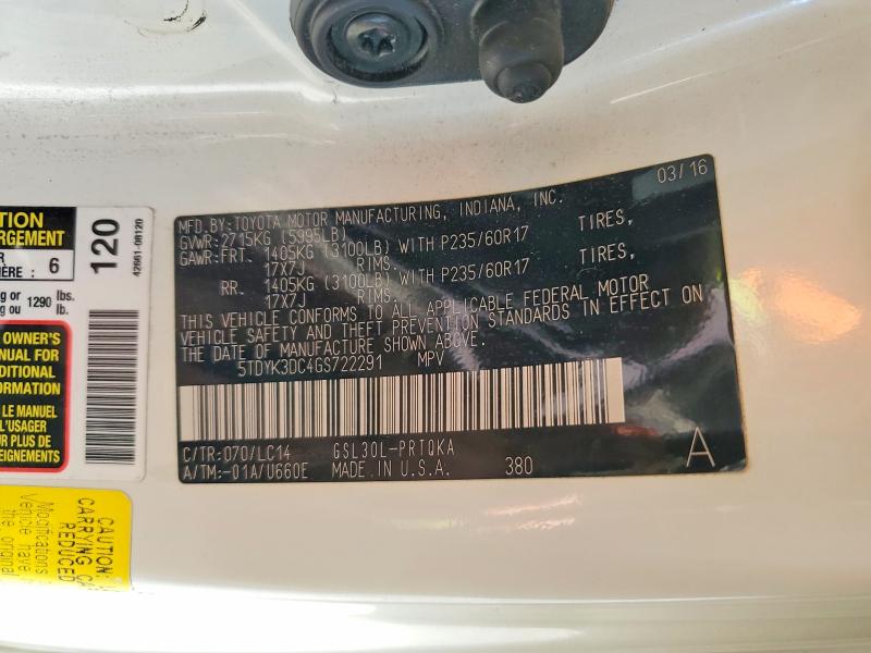 51176076 :رقم المزاد ، 5TDYK3DC4GS722291 vin ، 2016 Toyota Sienna مزاد بيع