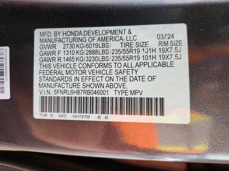 Продаж на аукціоні авто 2024 Honda Odyssey, vin: 5FNRL6H87RB046001, номер лоту: 51799146
