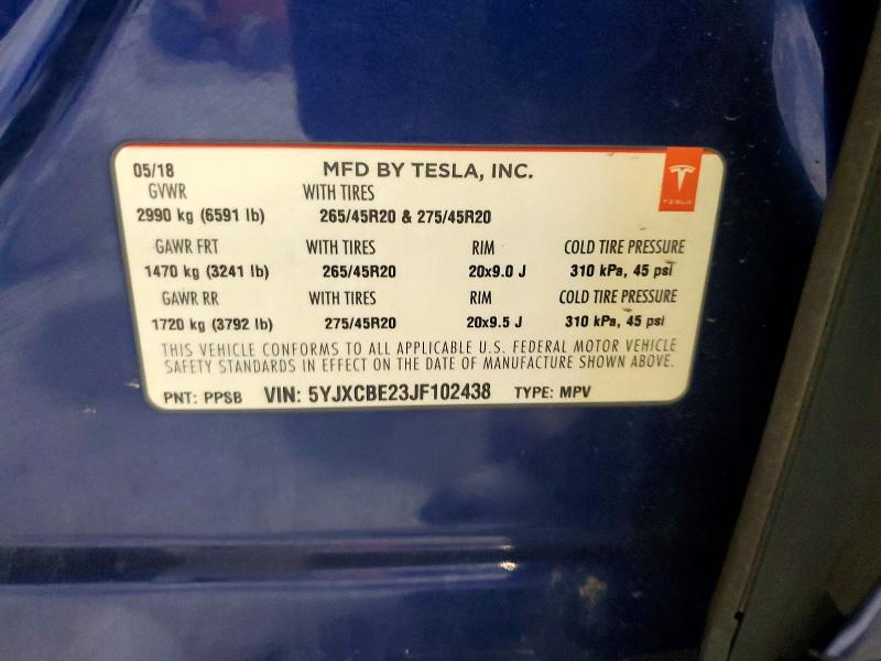 49091766 :رقم المزاد ، 5YJXCBE23JF102438 vin ، 2018 Tesla Model X مزاد بيع