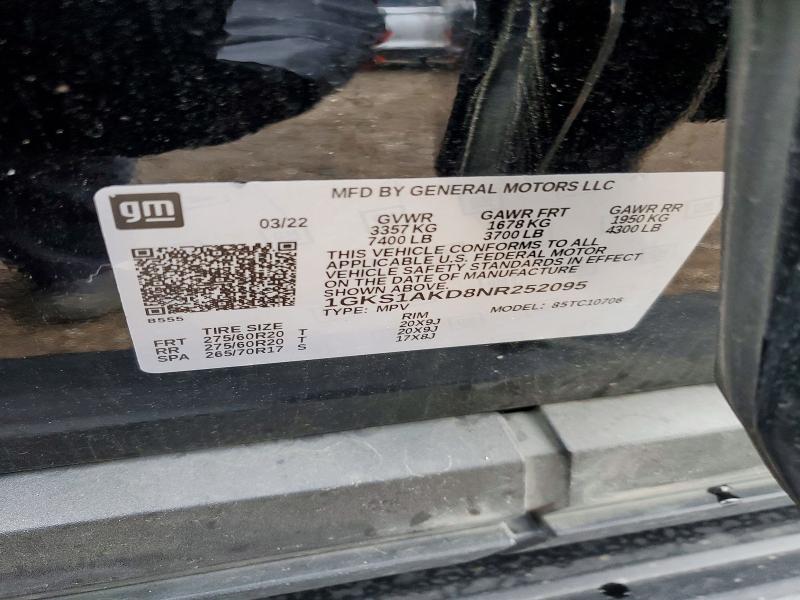 49030416 :رقم المزاد ، 1GKS1AKD8NR252095 vin ، 2022 Gmc Yukon مزاد بيع