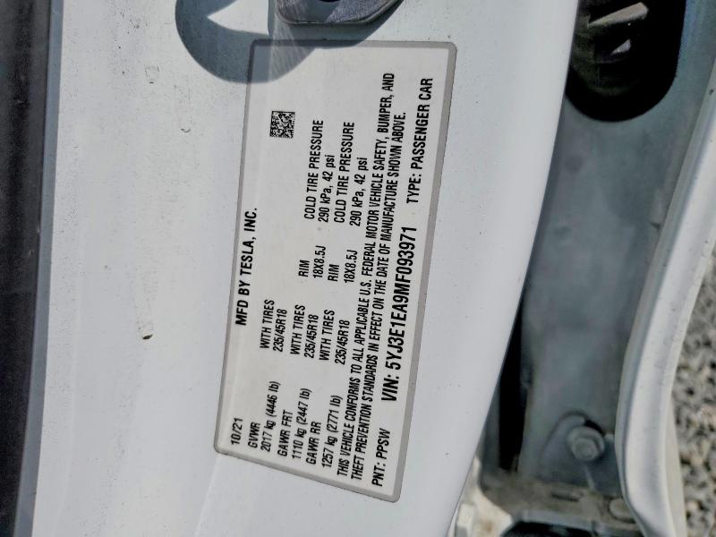 2021 Tesla Model 3 მანქანა იყიდება აუქციონზე, vin: 5YJ3E1EA9MF093971, აუქციონის ნომერი: 50264676