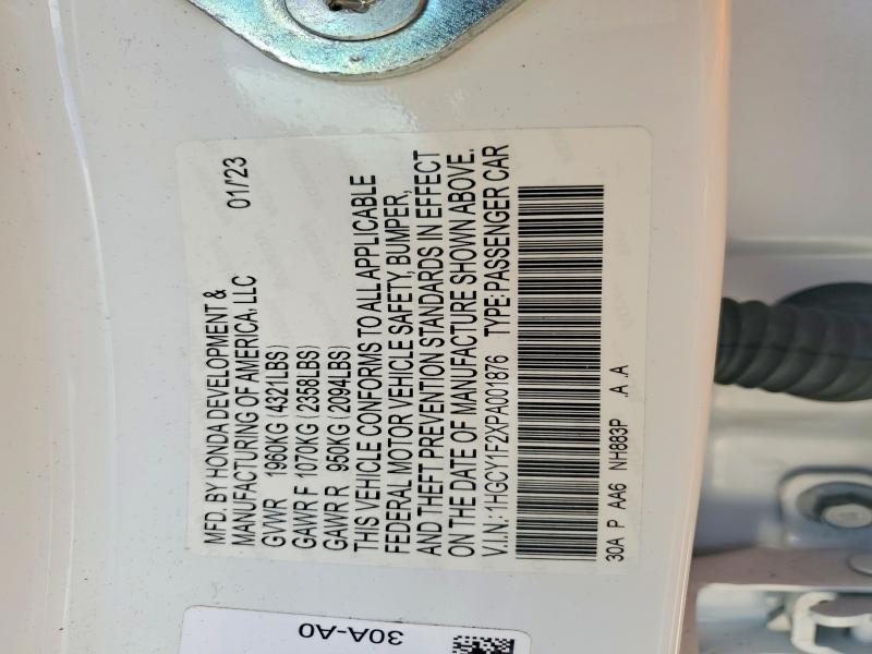 Aukcja sprzedaży 2023 Honda Accord, vin: 1HGCY1F2XPA001876, numer aukcji: 48702536