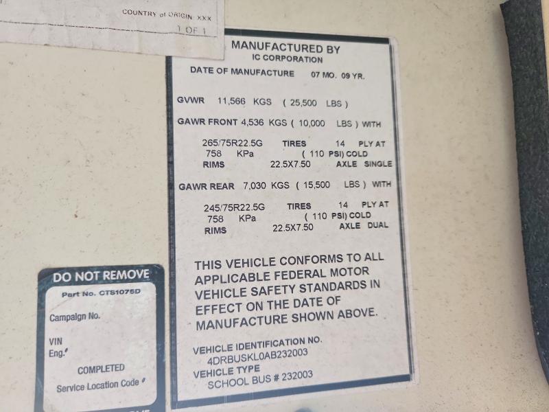 79731845 :رقم المزاد ، 4DRBUSKL0AB232003 vin ، 2010 Ic Corporation School Bus مزاد بيع