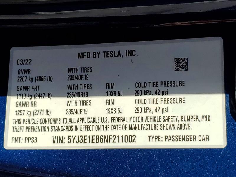2022 Tesla Model 3 მანქანა იყიდება აუქციონზე, vin: 5YJ3E1EB6NF211002, აუქციონის ნომერი: 49336726