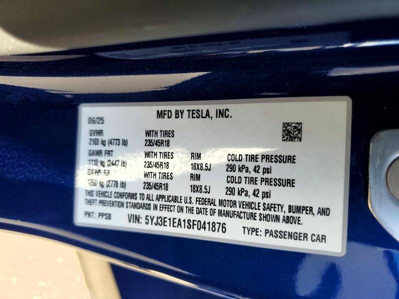50149046 :رقم المزاد ، 5YJ3E1EA1SF041876 vin ، 2025 Tesla Model 3 مزاد بيع