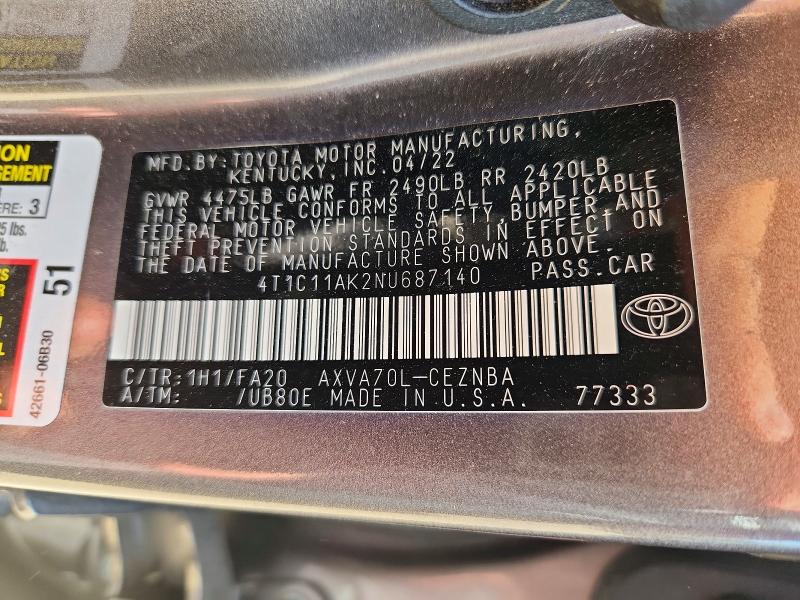 48680986 :رقم المزاد ، 4T1C11AK2NU687140 vin ، 2022 Toyota Camry مزاد بيع