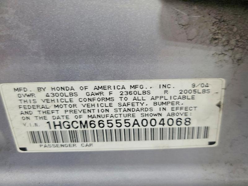 51566166 :رقم المزاد ، 1HGCM66555A004068 vin ، 2005 Honda Accord مزاد بيع