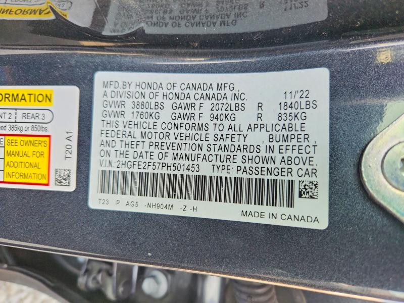 Продаж на аукціоні авто 2023 Honda Civic, vin: 2HGFE2F57PH501453, номер лоту: 50627886