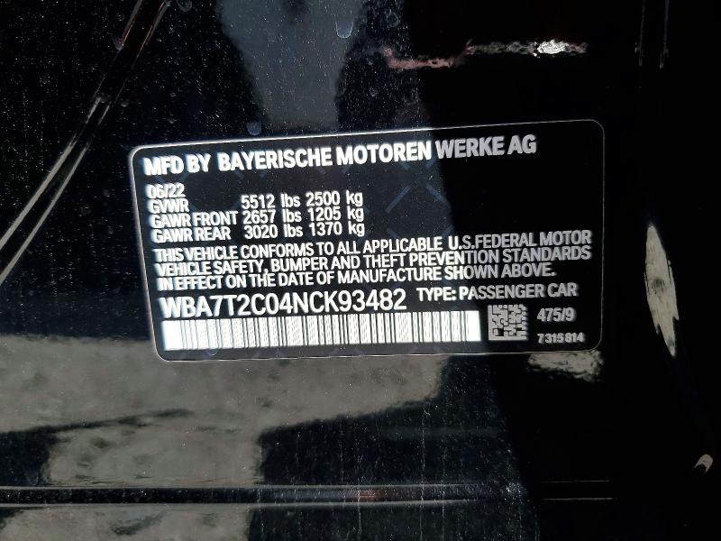 2022 Bmw 740 მანქანა იყიდება აუქციონზე, vin: WBA7T2C04NCK93482, აუქციონის ნომერი: 51373216