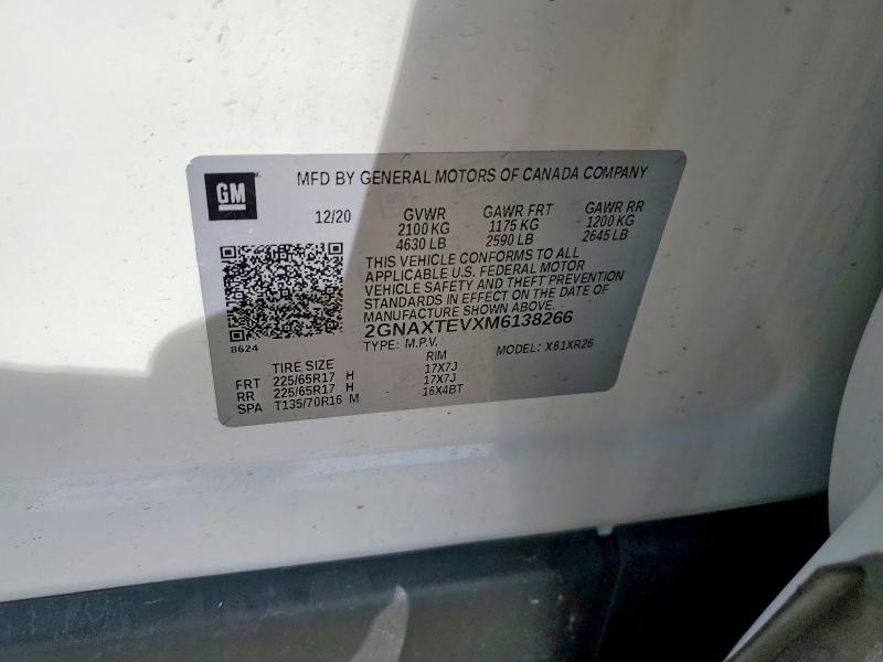 Aukcja sprzedaży 2021 Chevrolet Equinox, vin: 2GNAXTEVXM6138266, numer aukcji: 49390596
