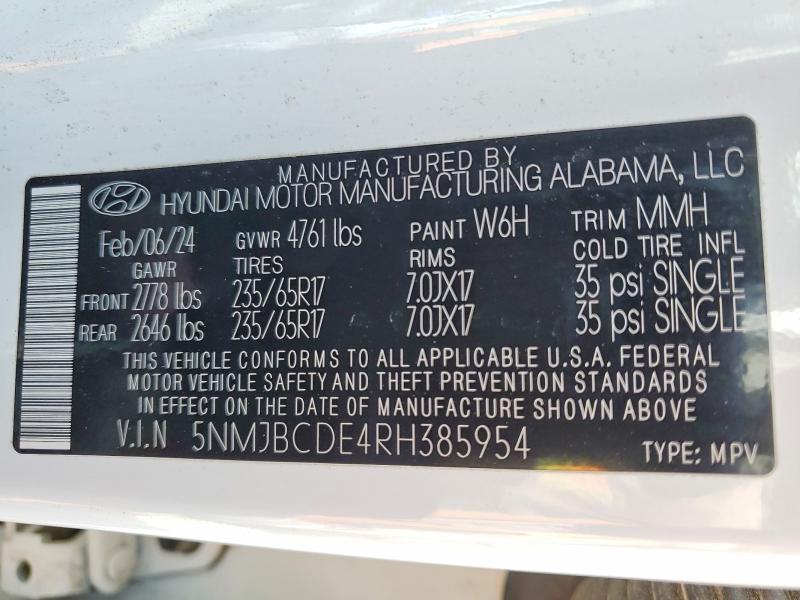 49658896 :رقم المزاد ، 5NMJBCDE4RH385954 vin ، 2024 Hyundai Tucson مزاد بيع