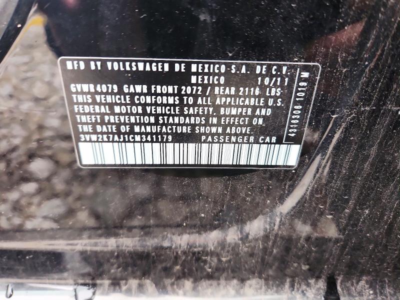 2012 Volkswagen Jetta მანქანა იყიდება აუქციონზე, vin: 3VW2K7AJ1CM341179, აუქციონის ნომერი: 51255296