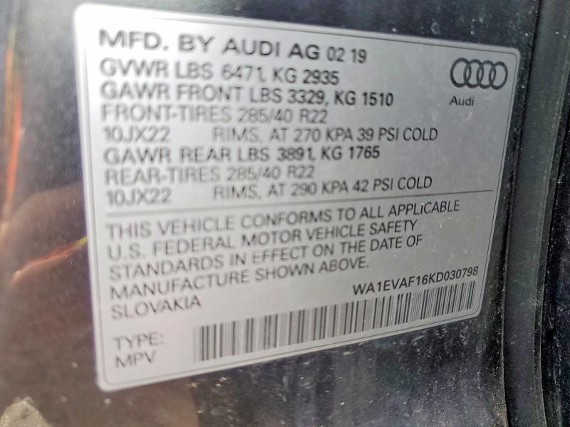 Aukcja sprzedaży 2019 Audi Q8, vin: WA1EVAF16KD030798, numer aukcji: 50454746