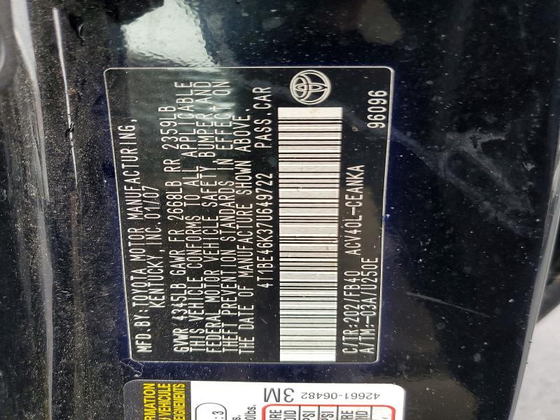 2007 Toyota Camry მანქანა იყიდება აუქციონზე, vin: 4T1BE46K37U649722, აუქციონის ნომერი: 50298306