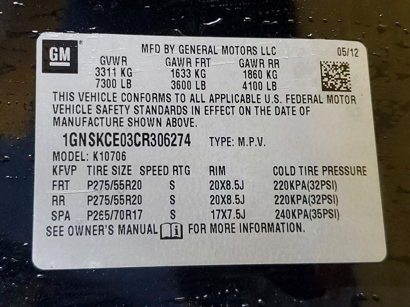 51184816 :رقم المزاد ، 1GNSKCE03CR306274 vin ، 2012 Chevrolet Tahoe مزاد بيع