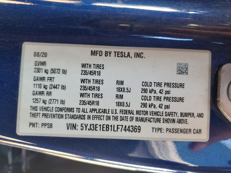 2020 Tesla Model 3 მანქანა იყიდება აუქციონზე, vin: 5YJ3E1EB1LF744369, აუქციონის ნომერი: 50990426