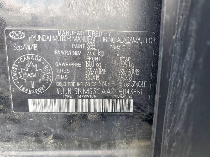 2019 Hyundai Santa Fe მანქანა იყიდება აუქციონზე, vin: 5NMS3CAA7KH043651, აუქციონის ნომერი: 48455416