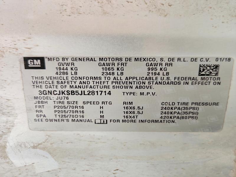 2018 Chevrolet Trax მანქანა იყიდება აუქციონზე, vin: 3GNCJKSB5JL281714, აუქციონის ნომერი: 48609786