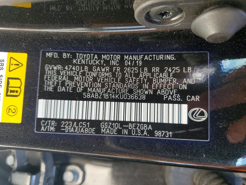 Aukcja sprzedaży 2019 Lexus Es 350, vin: 58ABZ1B14KU036638, numer aukcji: 48989376